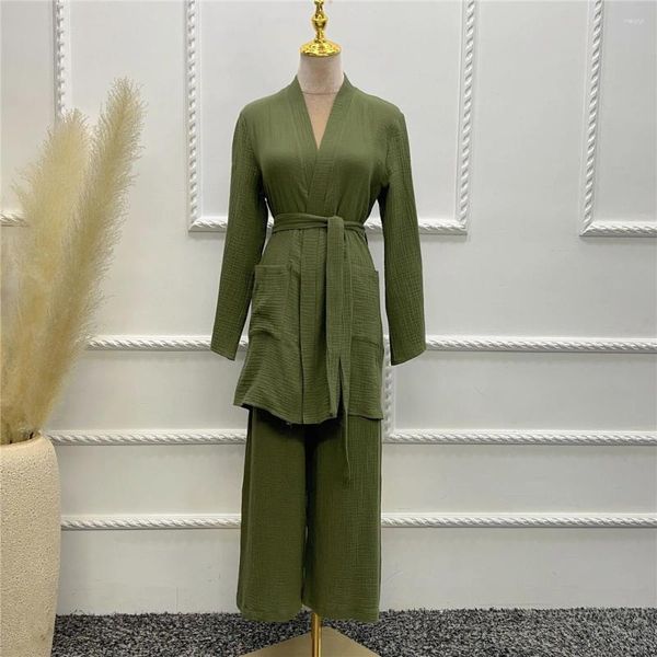 Ethnische Kleidung Muslimische Frauen Baumwolle Kimono Offene Oberteile Gürtel Lose weite Beinhosen 2-teiliges Set Kleid Outfits Truthahn-Kaftan Abaya-Robe