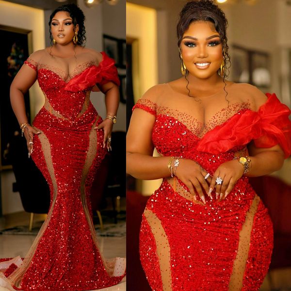 Abiti da ballo Aso Ebi Plus Size Sirena rossa Paillettes scintillanti Pizzo maniche corte Abiti da sera convenzionali Abito da festa di compleanno Abiti di fidanzamento Vestido De Sorrie AM374