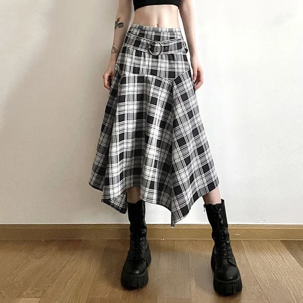 Unregelmäßige Design Lange Regenschirm Röcke Frauen Plaid Hohe Taille Seite Schlitz Rock Retro Böden Gothic Harajuku Kleidung 240112