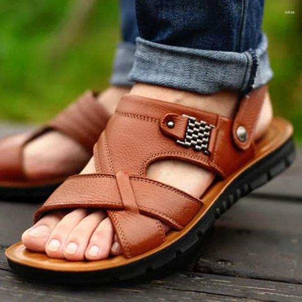 Sandálias masculinas de couro verão clássico chinelos de sola macia romana confortável ao ar livre calçado de caminhada de tamanho grande
