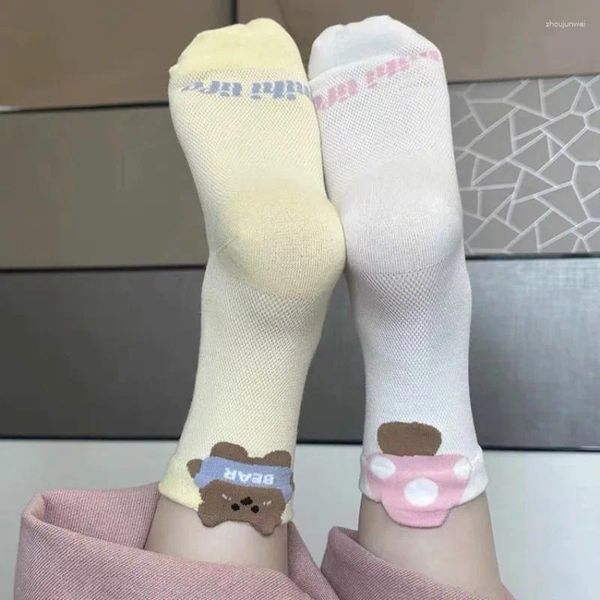 Damen-Socken, süße Damen-Mesh-Mesh-Sommer-dünne japanische niedliche Cartoon-Bär-Paare, lang, Baumwolle, bequem, atmungsaktiv, für Herren
