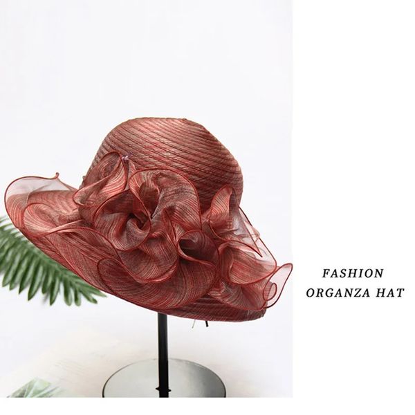 Mulheres flor organza chapéus de sol verão casamento headwear feminino elegante floral uv aba larga igreja mar praia bonés 240111