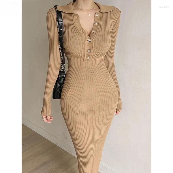 Casual Kleider Koreanische Chic Einfarbig Gestrickte Kleid Schlank Bodenbildung Midi Pullover Robe Frühling Herbst Kausalen Büro Dame Party Abend tragen