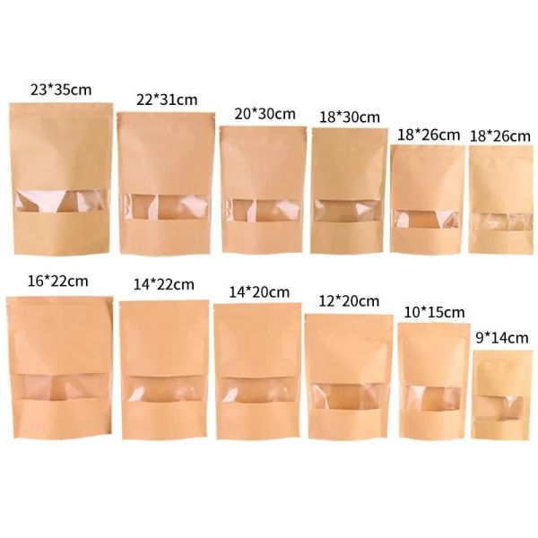 50 Pçs/lote Saco De Papel Kraft Janela Zip lock Vazio Pacote de Presente de Alimentos Secos Frutas Chá Auto Vedação Zipper Stand up Bags BJ