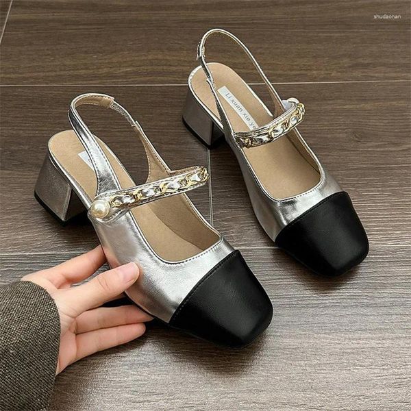 Sandálias dedo do pé quadrado mulheres verão sapatos de salto alto 2024 desiner marca chunky chinelos elegante vestido bombas zapatos femme slides