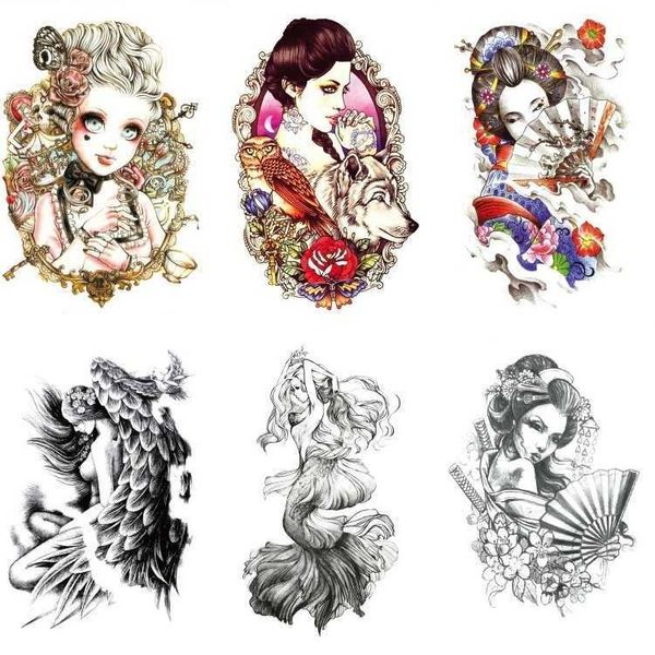 Водонепроницаемая татуировка-наклейка с цветком на руку, гейша, русалка, ангел, красивая фигура, половина