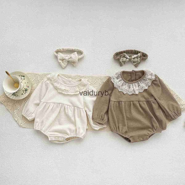 Mamelucos Bebé recién nacido Vintage Romper + Diadema de encaje Infante Niño Mono de manga larga Una pieza Otoño Primavera Ropa de bebé 3-18Mvaiduryb