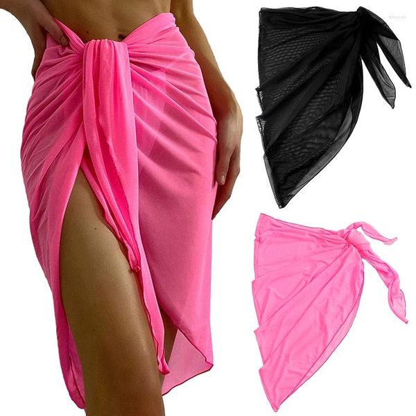 Costumi da bagno da donna Donna Spiaggia da donna Gonna lunga corta Sarong Tinta unita Copricostume in rete Copricostume da bagno Sciarpa velata per copricostumi