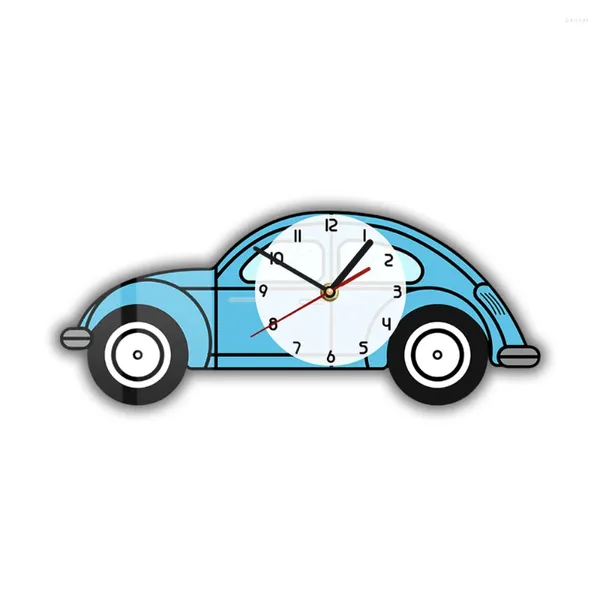 Orologi da parete Orologio da auto retrò blu per stanza degli adolescenti Cartone animato Garage Arredamento officina Veicolo Trasporto Opere d'arte Orologio Silent Sweep