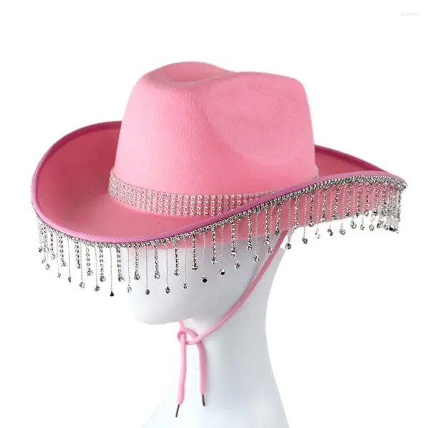 Chapéus de borda larga strass cowgirl chapéu retro estilo ocidental com gravata ajustável franjadas para festas de cosplay