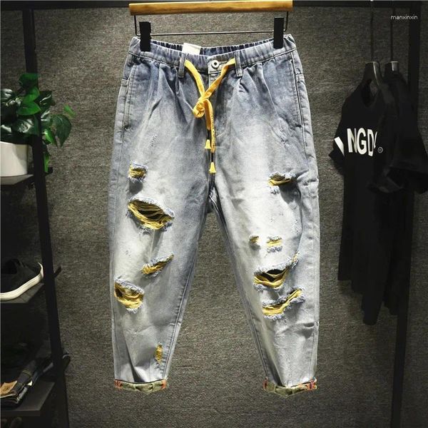 Erkekler Kot Kırık Delik Harlan 9 noktalı sokak kıyafeti moda gevşek dilenci bülbeli hip hop denim pantolon erkek yırtık