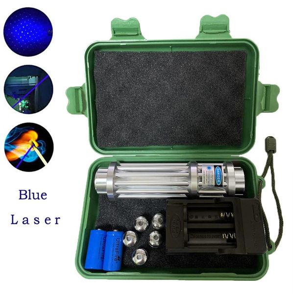 Zeiger, taktischer brennender blauer Laserpointer, 445 nm, 10000 m, fokussierbar, leistungsstarke Laser-Taschenlampen-Zeiger, Taschenlampe, Brennspiel für die Jagd