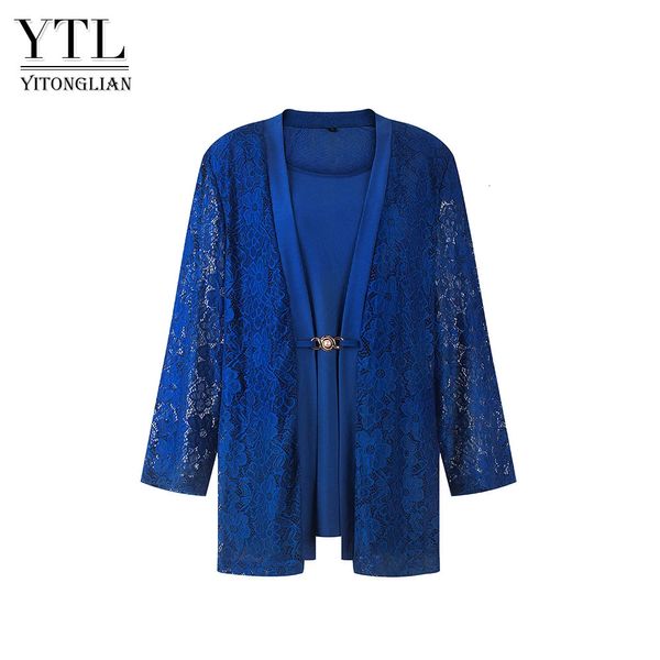 Женская королевско-синяя шикарная кружевная блузка с 34 рукавами, летняя вязаная туника больших размеров, топ для женщин, деловая повседневная рубашка W125 240112