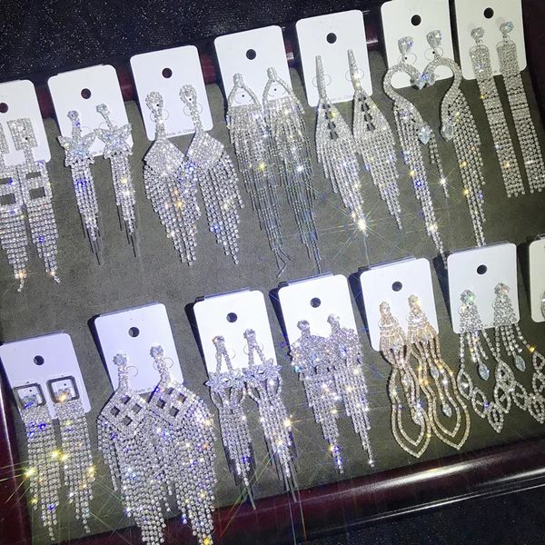 Großhandel 12 Paare/Lose Bulk Kristall Zirkon Lange Quaste Ohrringe Großer Tropfen Baumeln Hochzeit Braut Große Ohrringe für Frauen Schmuck 240113