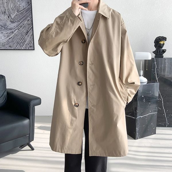 Casaco de trincheira masculino moda longo blusão masculino cor sólida único breasted solto casual trench homem streetwear plus size M-5XL 240112