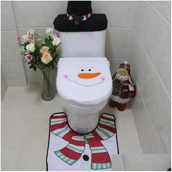 Coprisedili WC Sedile WC Ers 3 pezzi Er Set tappetino da bagno Babbo Natale/pupazzo di neve Decorazioni natalizie Carino e confortevole Consegna a goccia H Dhcfy