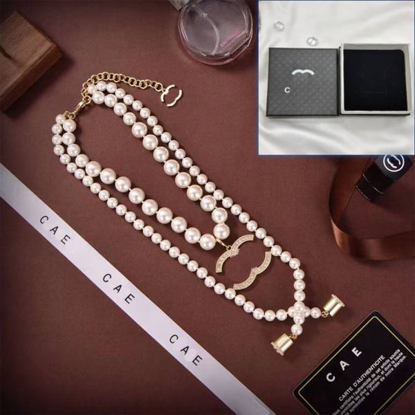 Damen Perlen-Kopfhörer-Halskette mit Stempel, Luxus-Pullover-Kette, Mädchen-Paar, Boutique-Geschenk-Halskette, Box-Verpackung, hochwertiger Schmuck