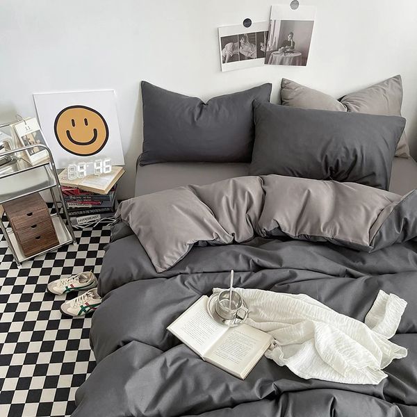 Conjunto de capa de edredão de algodão lavado preto conjuntos de cama para el quarto escovado colcha capa fronha folha plana moda roupa 240113