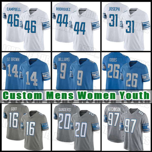 Brown 16 Jared Goff Camisa de futebol Detroit''Lions''Jahmyr Gibbs Jameson Williams Malcolm Rodriguez Penei Sewell Kerby Joseph Jack Campbell Barry Sanders