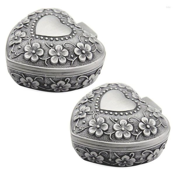Jewelry Pouches 2X Classic Vintage Antique Heart Shape Box Ring Small Trinket Storage Organizer Chest Christmas Gift Silver
