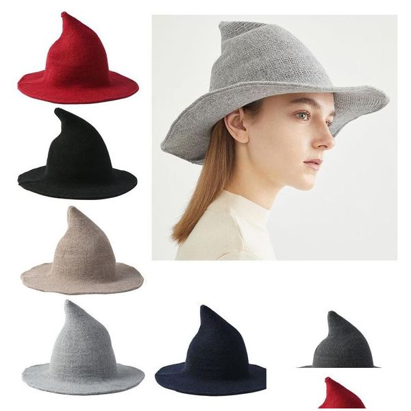 Chapéus de festa Halloween Cosplay Bruxa Chapéu Cor Sólida Brim Wizard Pointy Bucket Cap Inverno Quente Faux Lã De Malha Festa Masquerade H Dhhlv