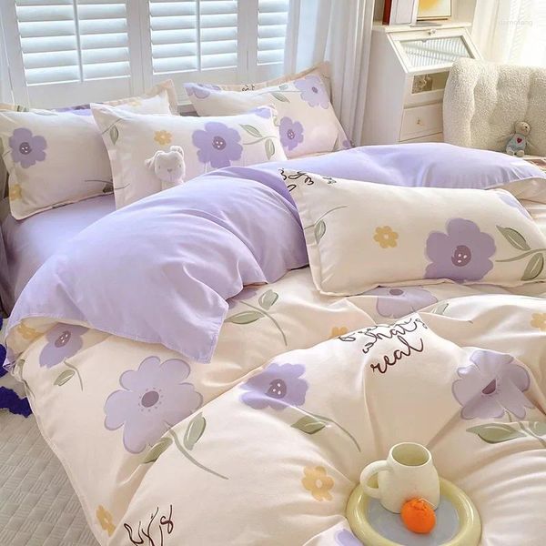 Bettwäsche-Sets Ins Style Einfache Lila Blumen Blumen Bettbezug Stoff Quilt Blatt 3/4 Stück für Frau Mädchen Geschenk Tagesdecke