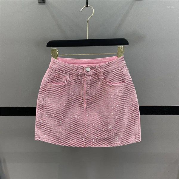 Saias Diamante Jean Mini Saia Mulheres 2024 Verão Mulher Rosa Denim Calça Curta Calças Alta Cintura Emagrecimento Hip-Envolvido