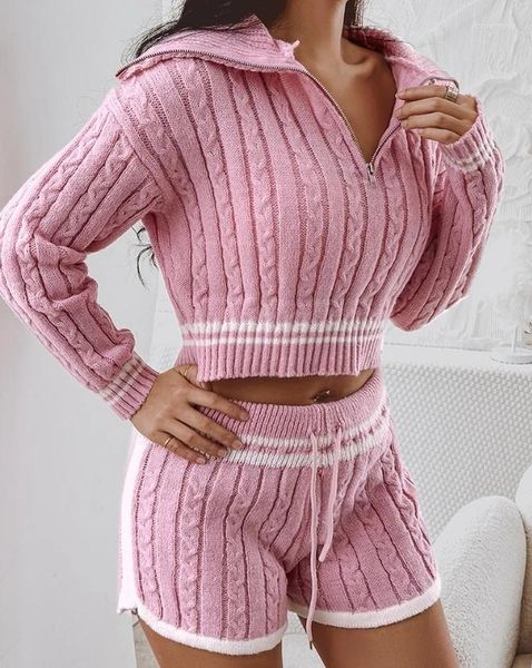 Fatos femininos conjunto de duas peças para mulheres 2024 quente e grosso outono inverno listrado cabo malha cardigan cordão shorts