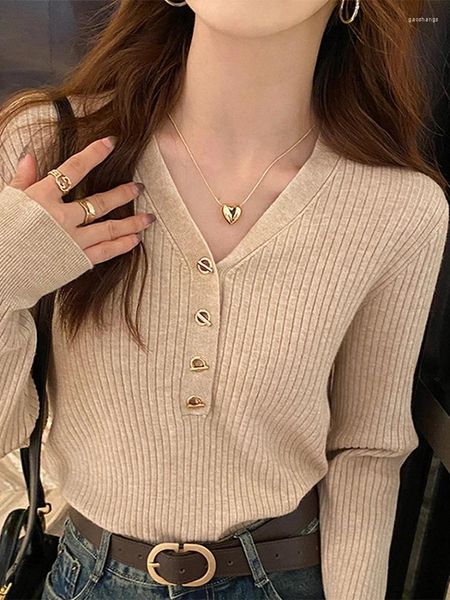 Kadınlar Sweaters V-ezik Kükürük Kadınlar Moda İnce Şık Yumuşak Kore Örgü Tahvim Kadın Bahar Sonbahar Katı Uzun Kollu Lady
