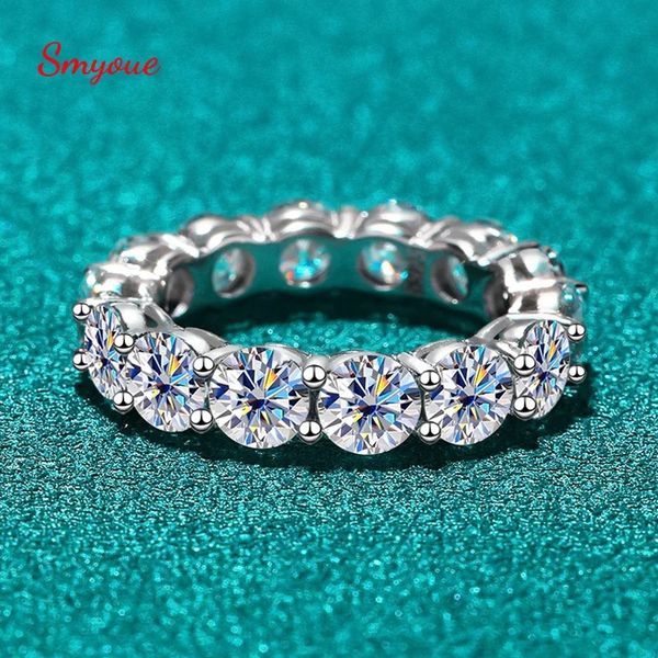 Smyoue 7ct 5mm anel completo para mulheres homens espumante corte redondo enternity diamante banda casamento s925 prata esterlina 240112