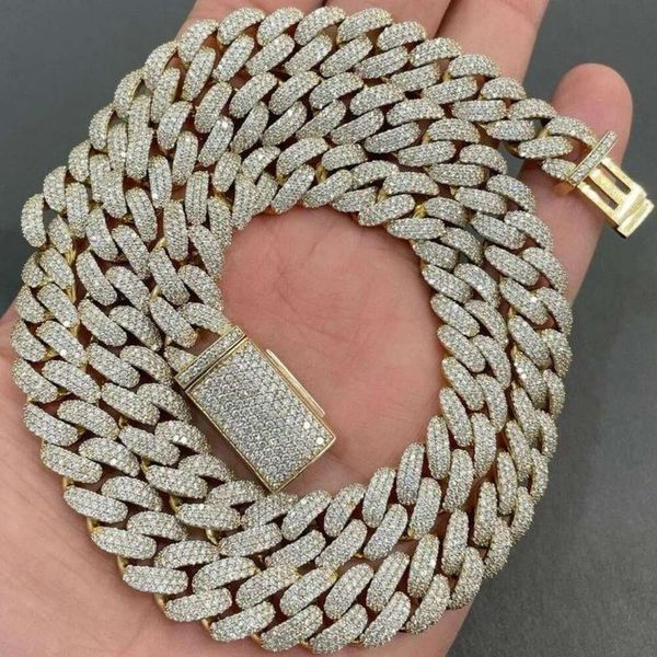 Moissanite Bracciale a catena a maglie cubane con diamanti a taglio rotondo unisex per uomo e donna 14K 22K bianco giallo oro rosa