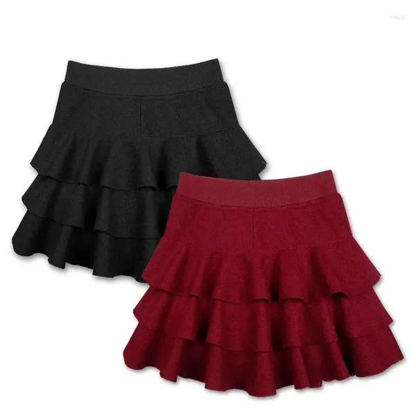 Saias inverno outono doce senhoras mulheres babados vinho vermelho preto mini saia de lã outono feminino mulher elástica cintura alta lã