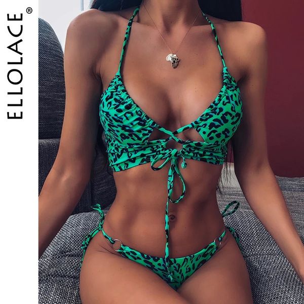 Ellolace Animal Bikini Push Up Купальники женские леопардовые женские бандажные сексуальные купальники женские монокини Холтер с открытой спиной купальный костюм 240112