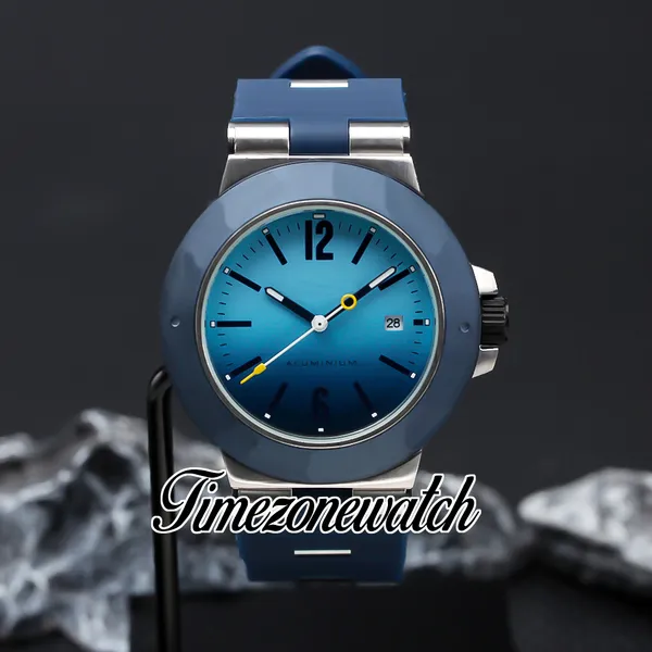 Neue 44-mm-Aluminium-Automatikuhr 103815 mit Strichmarkierungen, blau abgestuftes Zifferblatt, Stahlgehäuse, blaues Kautschukarmband, Herrenuhren Timezonewatch DHTM Z15d