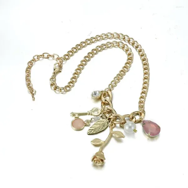 Ожерелья с подвесками OSHUER, модные украшения, золотого цвета, массивное ожерелье-цепочка со стразами и розами, круглое ожерелье для женщин