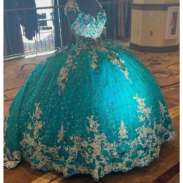 Kleider Hunter Green Sparkly Crystal Pailletten Quinceanera Kleider mit Goldapplikationen Schnürkorsett Ballkleid Sweet 15 Girls