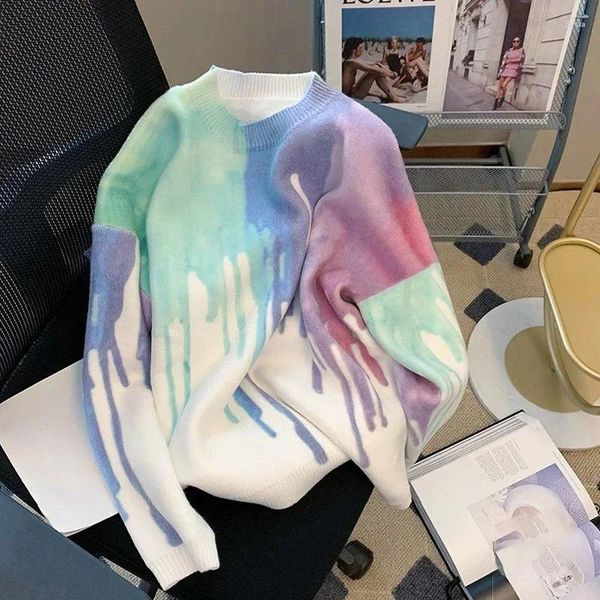 Maglioni da uomo Abbigliamento Girocollo Bianco Tie Dye Maglione lavorato a maglia Pullover maschili Colletto tondo Brutto montone Y2k Streetwear Abiti autunnali coreani A