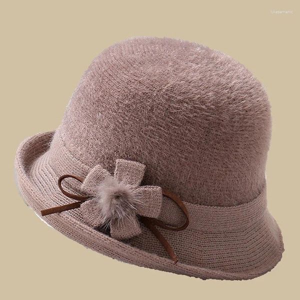 Berretti Vintage Donna Cappello lavorato a maglia di lana Morbido Addensare Caldo Beanie Berretti a secchiello Fiore Pompon Ball Flapper Abbigliamento casual femminile