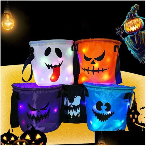 Outros suprimentos de festa festiva LED Light Halloween Candy Bags Up Truque ou Trate com Design de Abóbora Balde de Goody Reutilizável para Crianças Dro Dhvac