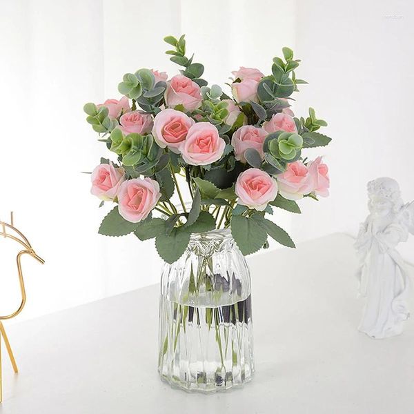 Fiori decorativi 10 teste artificiali di seta bianca rosa foglie di eucalipto bouquet di peonia fiori finti decorazione della festa nuziale per vaso casa