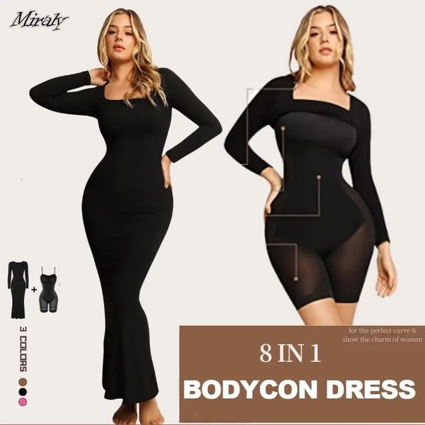 Langärmliges, körperbetontes Kleid, figurbetont, MaxiMini, integrierter Shapewear-BH, 8 1, Damen-Lounge-Kleider zur Bauchkontrolle, Slip 240113