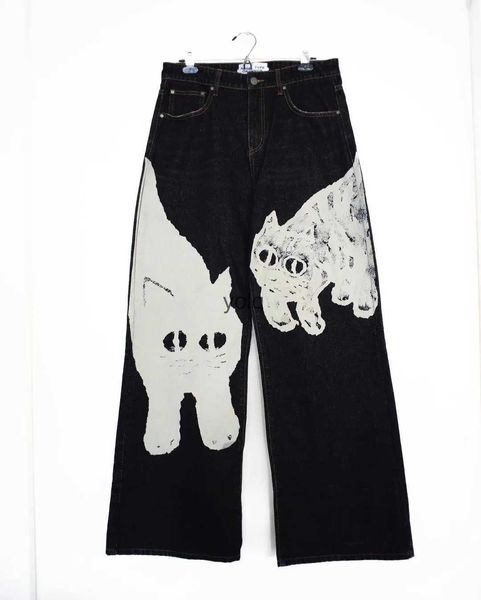 Jeans femininos harajuku y2k rua vestuário er grande gato branco impressão cintura alta calças de perna reta calças de brim femininas moda perna larga calçasyolq