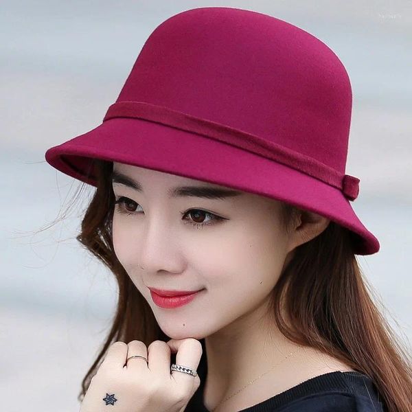 Berets moda feminina lã quente feltro fedora arco-nó chapéu vintage borda larga outono inverno nobre elegante festa de algodão balde bonés