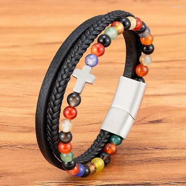 Braccialetti con ciondoli XQNI Bracciale in acciaio inossidabile da uomo Classico occhio di tigre Pietra Perlina Croce in pelle multistrato per regalo di gioielli fatti a mano