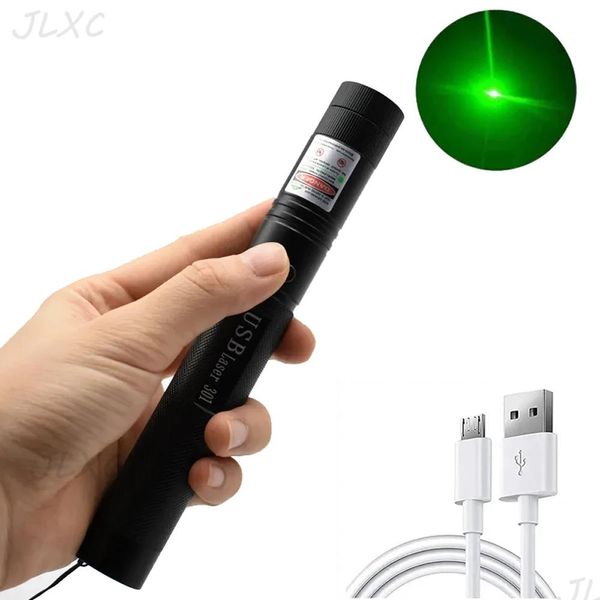 Ponteiros Laser Verde Ponteiro USB Carregamento Builtin Bateria Laser Tocha Dispositivo de alta potência Foco ajustável para caça Queima de fósforo