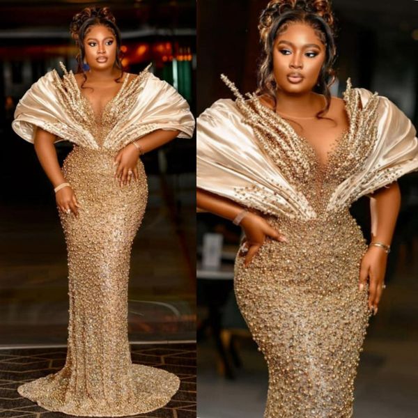 Champagner Aso Ebi Ballkleider für besondere Anlässe Plus Size Illusion Tüll Meerjungfrau Perlen Pailletten Spitze Formelle Abendkleider Elegantes Verlobungskleid NL539