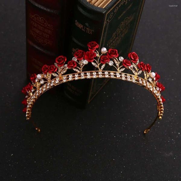 Grampos de cabelo vintage elegante strass cor de ouro liga vermelha rosa nupcial tiara diadema coroa headwear