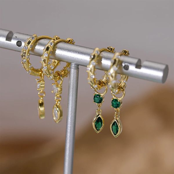 Aide Orecchini pendenti con ciondolo ovale in zircone verde smeraldo in argento sterling 925 per le donne Stupendi orecchini a cerchio con pavé di cristallo bianco 240113