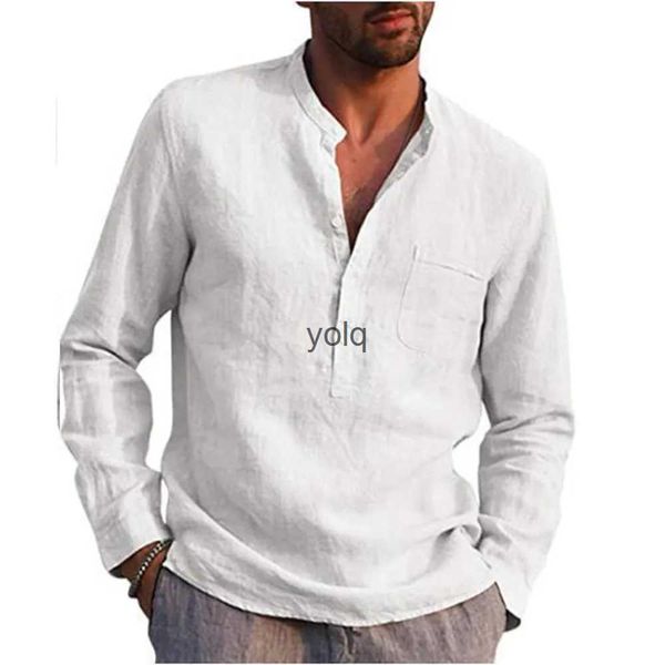 Camisas casuais masculinas de algodão linho venda quente camisas de mangas compridas masculinas verão cor sólida gola alta casual estilo praia mais sizeyolq