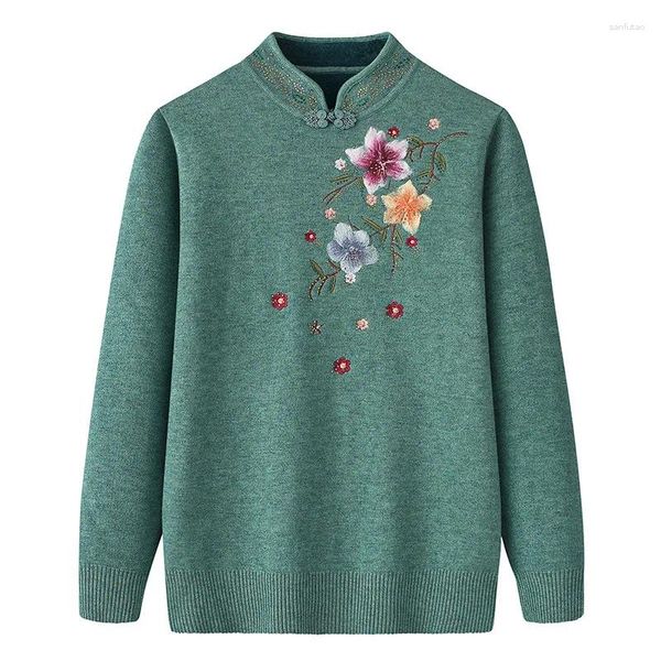 Maglioni da donna ricamo nonna peluche primavera autunno maglione manica lunga top madre di mezza età pullover fondo tirare abbigliamento donna